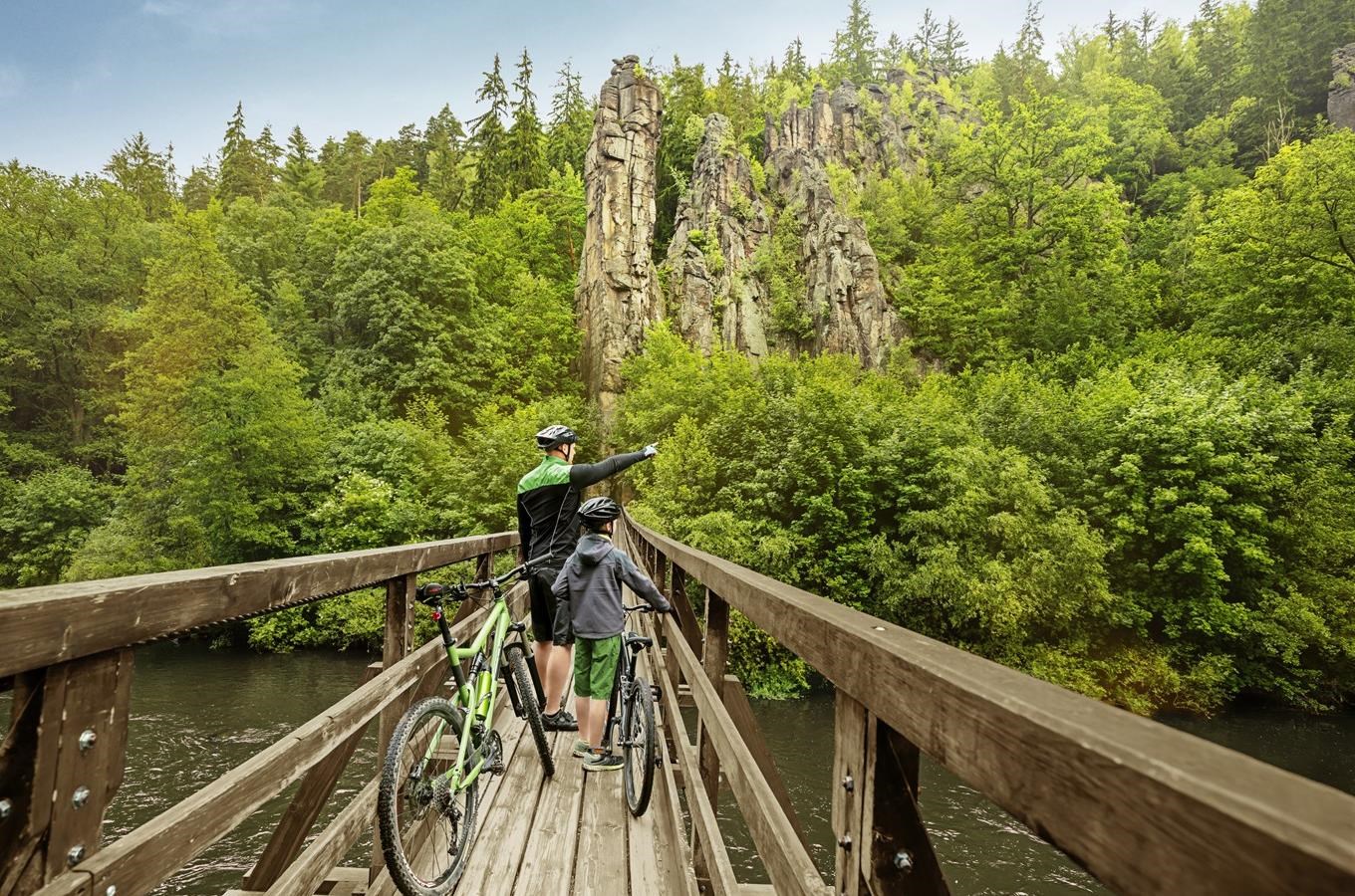4078aa30-be7d-4424-b265-a5435894764e Cyklista na elektrokole projíždějící letní krajinou v lese